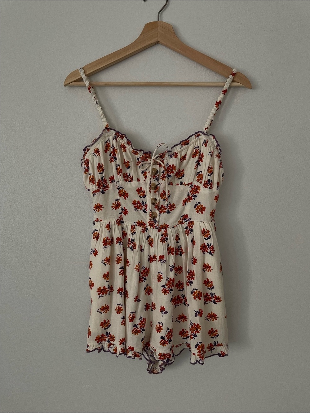 Urban Outfitters UO Betti Print Linen Romper Floral Sleeveless Smocked
